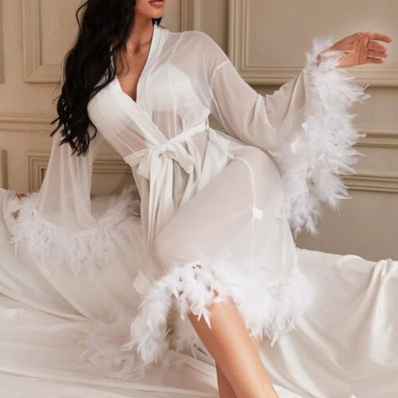 Belted Mesh Sleep Robe with feather hem & cuffs - Picture 3 of 6